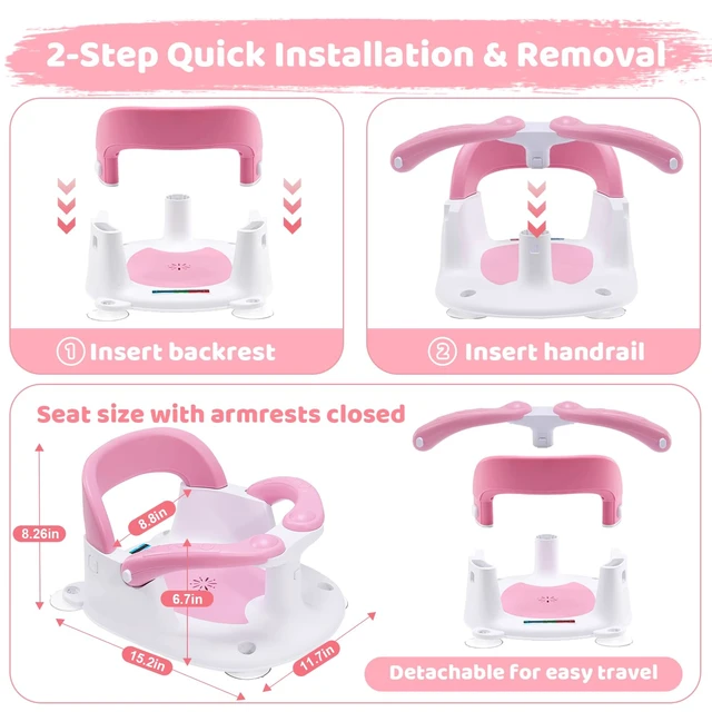 Alt view image 3 of 6 - Baby Bath Seat for Babies 6 Months & Up Sitting Up,Infant Bath Seat with Temperature Alert+Open Backrest+on/Off Armrest,Toddler Bath seat Baby Bath Chair for Bathtub,Tub,Sink Rose