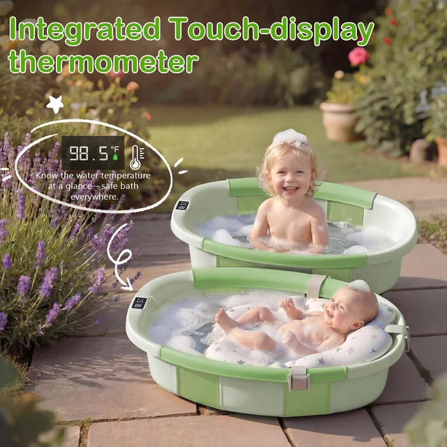 Alt view image 5 of 7 - Collapsible Baby Bathtub - Large Baby Bath Tub with Thermometer | Bath Essential Bañera para Bebe Easy Fold Baby Tub | Travel Infant Newborn Toddler Bathtub for Baby Girl Boy 0 to 36 Months(Green)