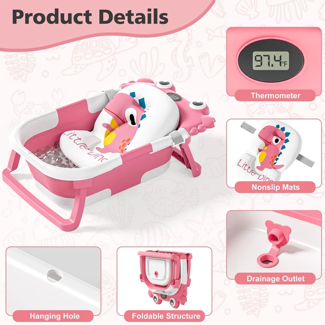 Alt view image 2 of 7 - Collapsible Baby Bathtub for Newborns with Thermometer and Soft Floating Cushion Portable and Foldable Travel Baby Girl Bath Tub for Infants to Toddler 0-36 Month (Pink)