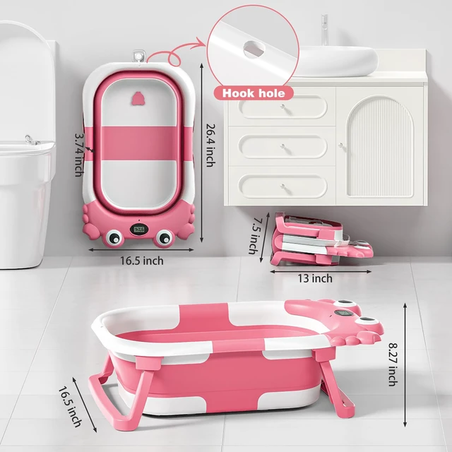 Alt view image 3 of 7 - Collapsible Baby Bathtub for Newborns with Thermometer and Soft Floating Cushion Portable and Foldable Travel Baby Girl Bath Tub for Infants to Toddler 0-36 Month (Pink)