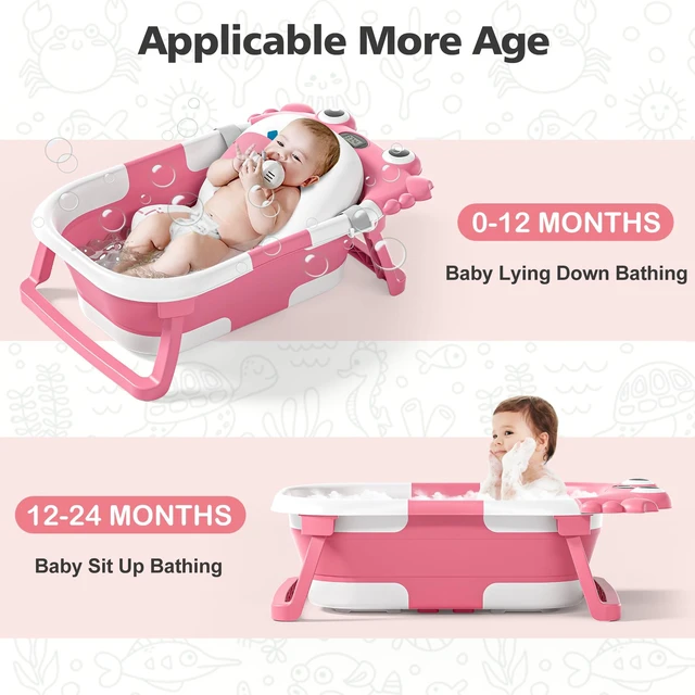 Alt view image 4 of 7 - Collapsible Baby Bathtub for Newborns with Thermometer and Soft Floating Cushion Portable and Foldable Travel Baby Girl Bath Tub for Infants to Toddler 0-36 Month (Pink)