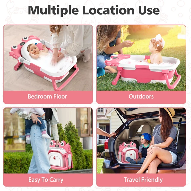 Alt view image 7 of 7 - Collapsible Baby Bathtub for Newborns with Thermometer and Soft Floating Cushion Portable and Foldable Travel Baby Girl Bath Tub for Infants to Toddler 0-36 Month (Pink)