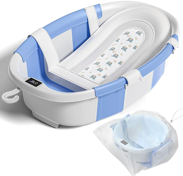 Main image of Collapsible Baby Bathtub with Soft Cushion and Thermometer, Newborn to Toddler Tub 0-36 Months with Toy Storage Mesh Bag, Portable Travel Bath for Infants (Blue)