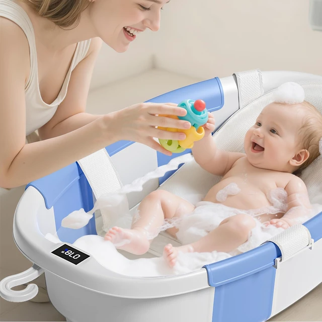 Alt view image 2 of 7 - Collapsible Baby Bathtub with Soft Cushion and Thermometer, Newborn to Toddler Tub 0-36 Months with Toy Storage Mesh Bag, Portable Travel Bath for Infants (Blue)