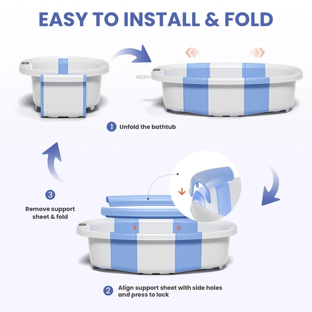 Alt view image 6 of 7 - Collapsible Baby Bathtub with Soft Cushion and Thermometer, Newborn to Toddler Tub 0-36 Months with Toy Storage Mesh Bag, Portable Travel Bath for Infants (Blue)