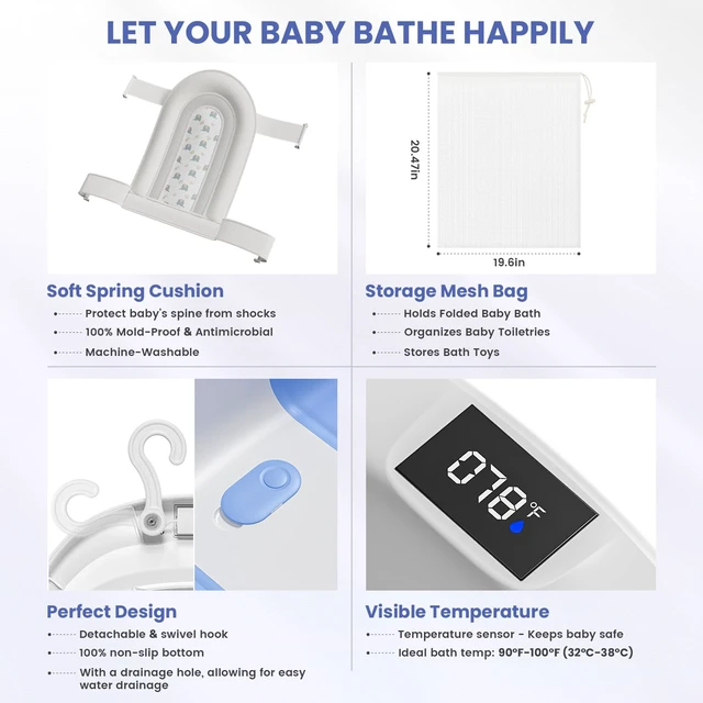 Alt view image 7 of 7 - Collapsible Baby Bathtub with Soft Cushion and Thermometer, Newborn to Toddler Tub 0-36 Months with Toy Storage Mesh Bag, Portable Travel Bath for Infants (Blue)