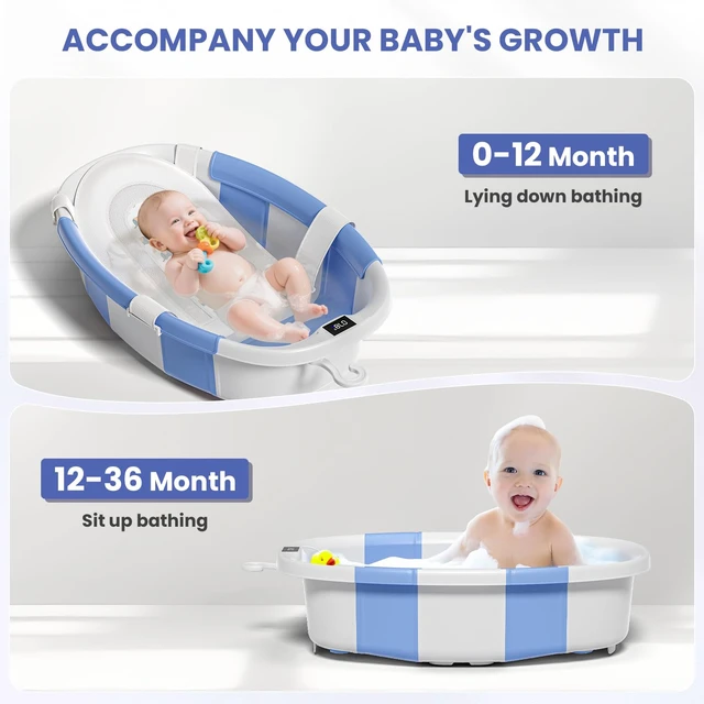 Alt view image 4 of 7 - Collapsible Baby Bathtub with Soft Cushion and Thermometer, Newborn to Toddler Tub 0-36 Months with Toy Storage Mesh Bag, Portable Travel Bath for Infants (Blue)
