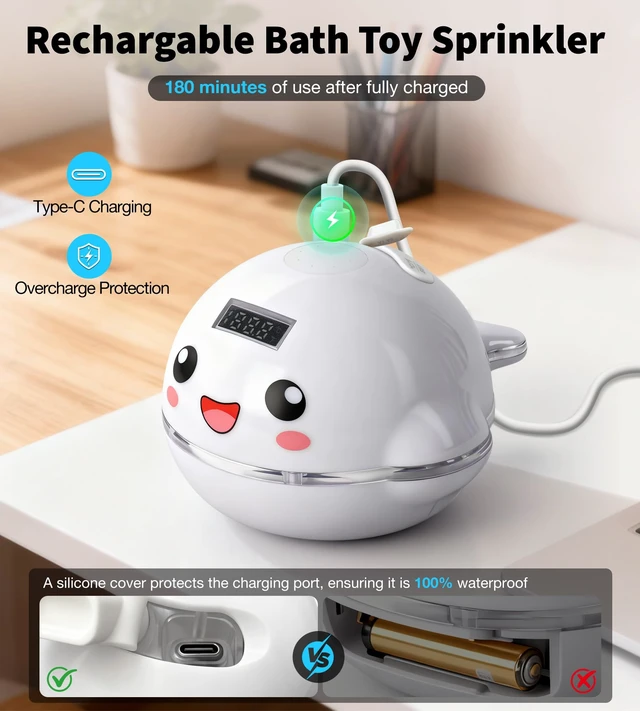Alt view image 5 of 7 - Baby Bath Toy Sprinkler with Thermometer, Temp Alarm & Backlit | BPA-Free | CPC Certified for Safety, Light Up Whale Bath Toy for Kids Ages 1-3, Bathtub Water Toys for Toddler, Newborn