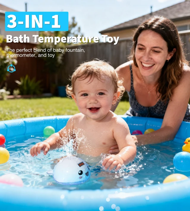 Alt view image 7 of 7 - Baby Bath Toy Sprinkler with Thermometer, Temp Alarm & Backlit | BPA-Free | CPC Certified for Safety, Light Up Whale Bath Toy for Kids Ages 1-3, Bathtub Water Toys for Toddler, Newborn