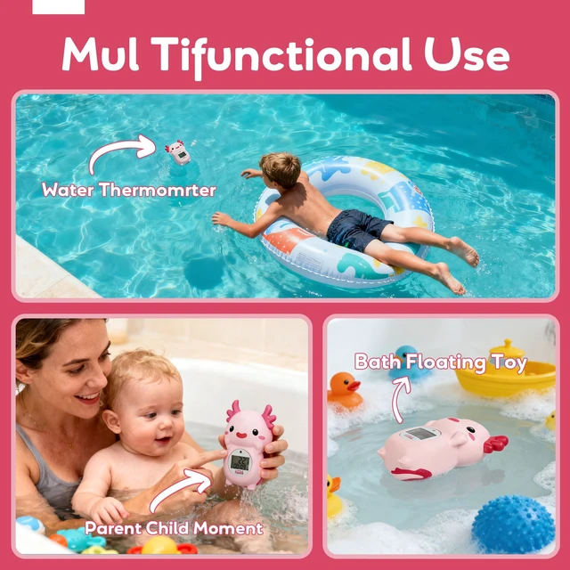 Alt view image 3 of 7 - Baby Bath Thermometer for Infants, Axolotl Water Thermometer for Bathtub | Pink Salamander with Timer, Newborn Bath Time Essentials, Digital Tub Temperature, Accurate Indicator, Safety Floating Toy