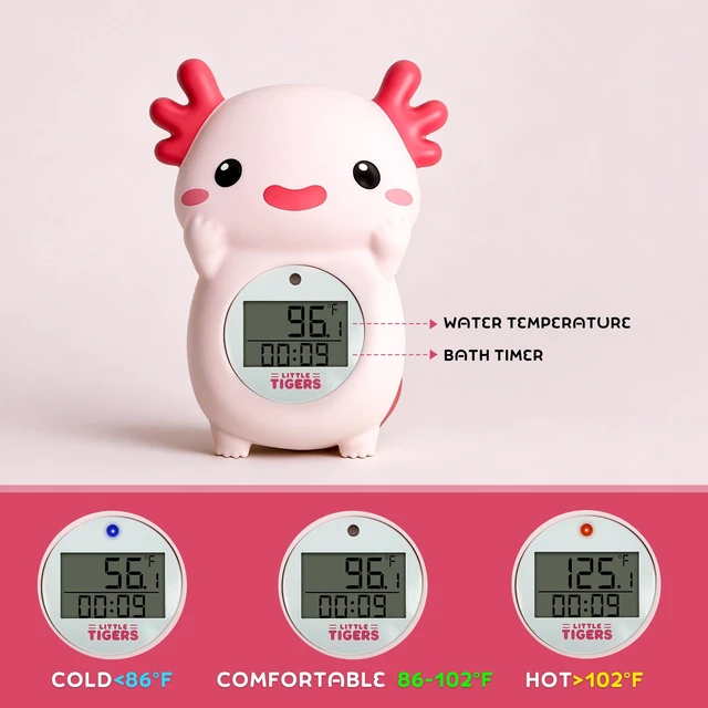 Alt view image 4 of 7 - Baby Bath Thermometer for Infants, Axolotl Water Thermometer for Bathtub | Pink Salamander with Timer, Newborn Bath Time Essentials, Digital Tub Temperature, Accurate Indicator, Safety Floating Toy