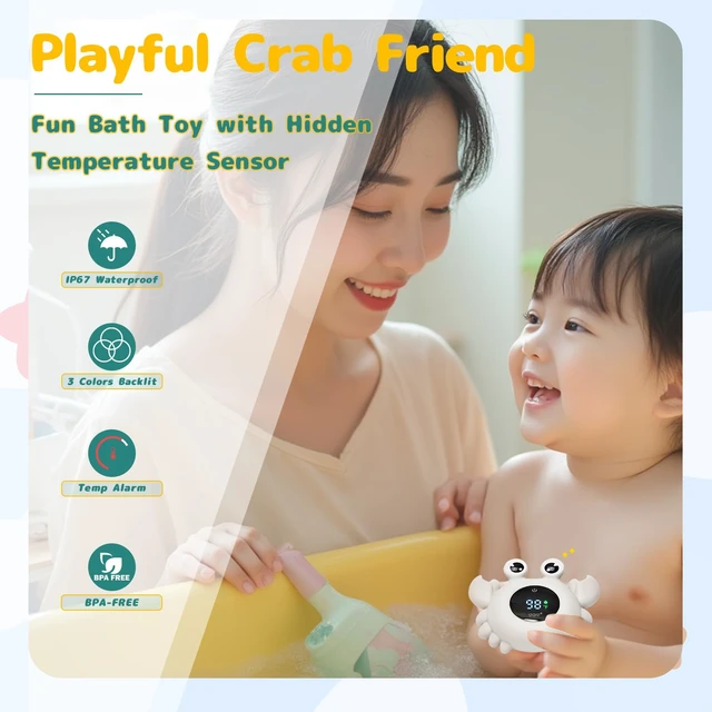 Alt view image 2 of 7 - Baby Bath Thermometer Water Temp Safety Essential,Rechargeable Crab Toy | Tub Temperature LED Display,Color Warn(Cold/Comfortable/Hot),Newborn&Infants Water Temp Safe 2-in1 Bath floating Toy for Kids