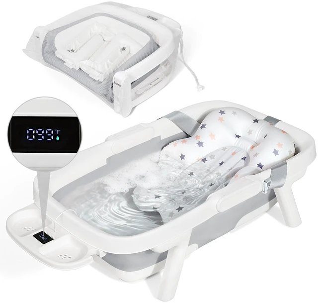 Main image of Collapsible Baby Bathtub with Cushion & Thermometer, Large Size,Gray | Portable Travel Baby Bath Tub for for Newborn to Toddler 0-36 Months, 28x16.9 inches, Foldable for Space-Saving