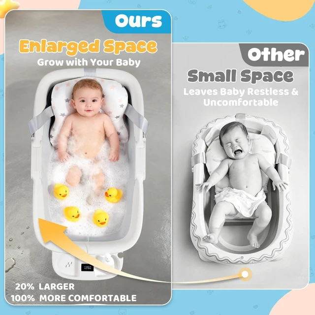 Alt view image 2 of 7 - Collapsible Baby Bathtub with Cushion & Thermometer, Large Size,Gray | Portable Travel Baby Bath Tub for for Newborn to Toddler 0-36 Months, 28x16.9 inches, Foldable for Space-Saving
