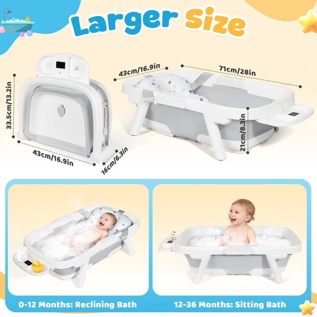 Alt view image 3 of 7 - Collapsible Baby Bathtub with Cushion & Thermometer, Large Size,Gray | Portable Travel Baby Bath Tub for for Newborn to Toddler 0-36 Months, 28x16.9 inches, Foldable for Space-Saving