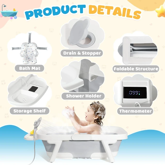 Alt view image 4 of 7 - Collapsible Baby Bathtub with Cushion & Thermometer, Large Size,Gray | Portable Travel Baby Bath Tub for for Newborn to Toddler 0-36 Months, 28x16.9 inches, Foldable for Space-Saving