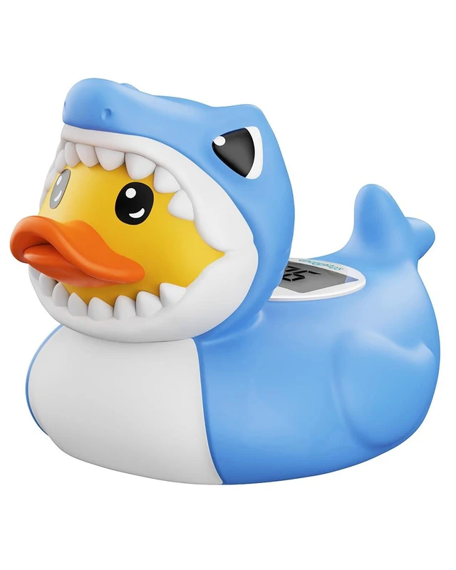 Main image of Shark Duck Baby Bath Thermometer Safety, Baby Water Thermometer for Bathtub | Floating shark duck bath toy checks bath water and room temperature, with °F/°C display and red/blue temperature alerts.