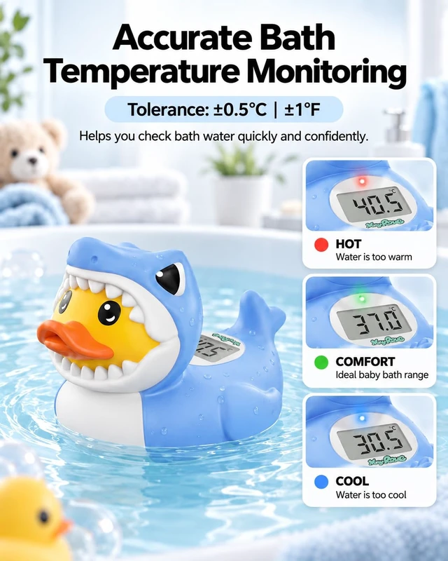 Alt view image 2 of 7 - Shark Duck Baby Bath Thermometer Safety, Baby Water Thermometer for Bathtub | Floating shark duck bath toy checks bath water and room temperature, with °F/°C display and red/blue temperature alerts.