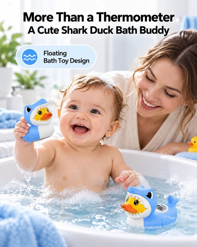 Alt view image 3 of 7 - Shark Duck Baby Bath Thermometer Safety, Baby Water Thermometer for Bathtub | Floating shark duck bath toy checks bath water and room temperature, with °F/°C display and red/blue temperature alerts.