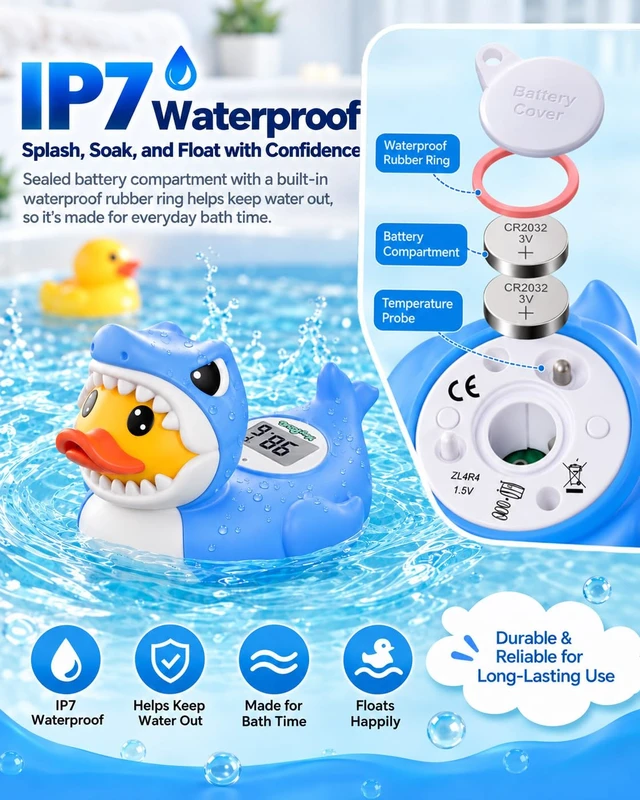 Alt view image 5 of 7 - Shark Duck Baby Bath Thermometer Safety, Baby Water Thermometer for Bathtub | Floating shark duck bath toy checks bath water and room temperature, with °F/°C display and red/blue temperature alerts.