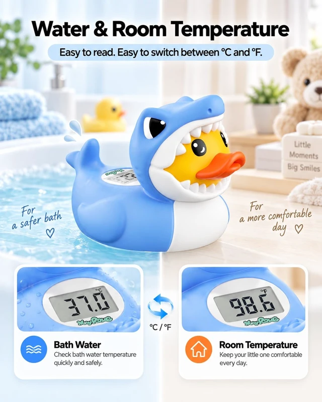 Alt view image 4 of 7 - Shark Duck Baby Bath Thermometer Safety, Baby Water Thermometer for Bathtub | Floating shark duck bath toy checks bath water and room temperature, with °F/°C display and red/blue temperature alerts.