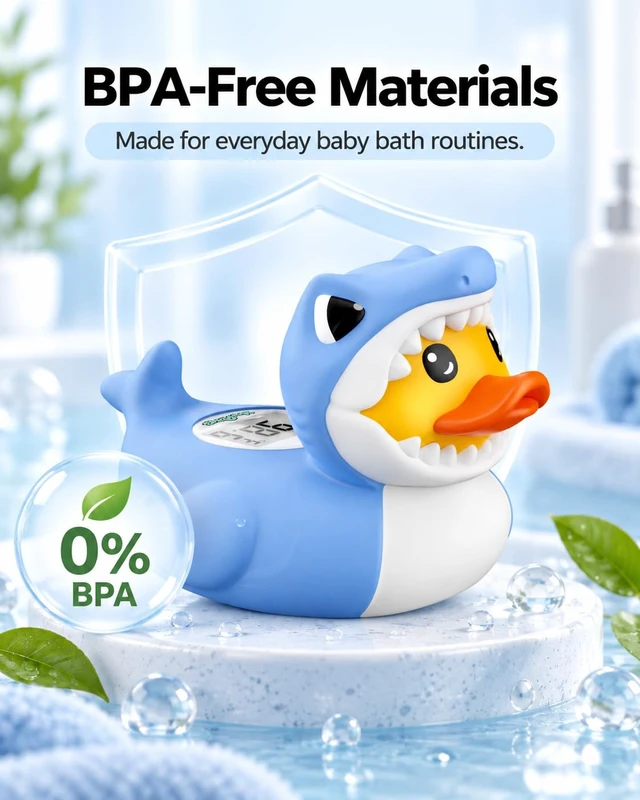 Alt view image 6 of 7 - Shark Duck Baby Bath Thermometer Safety, Baby Water Thermometer for Bathtub | Floating shark duck bath toy checks bath water and room temperature, with °F/°C display and red/blue temperature alerts.