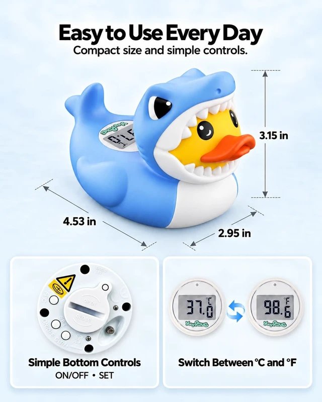 Alt view image 7 of 7 - Shark Duck Baby Bath Thermometer Safety, Baby Water Thermometer for Bathtub | Floating shark duck bath toy checks bath water and room temperature, with °F/°C display and red/blue temperature alerts.