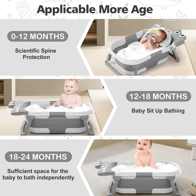 Alt view image 2 of 7 - Collapsible Baby Bathtub for Newborn, Foldable Baby Bath Tub with Thermometer & Soft Floating Cushion & Drain Hole, Portable Travel Infant Bath Tubs for Newborns to Toddlers 0-36 Months Boys, Grey