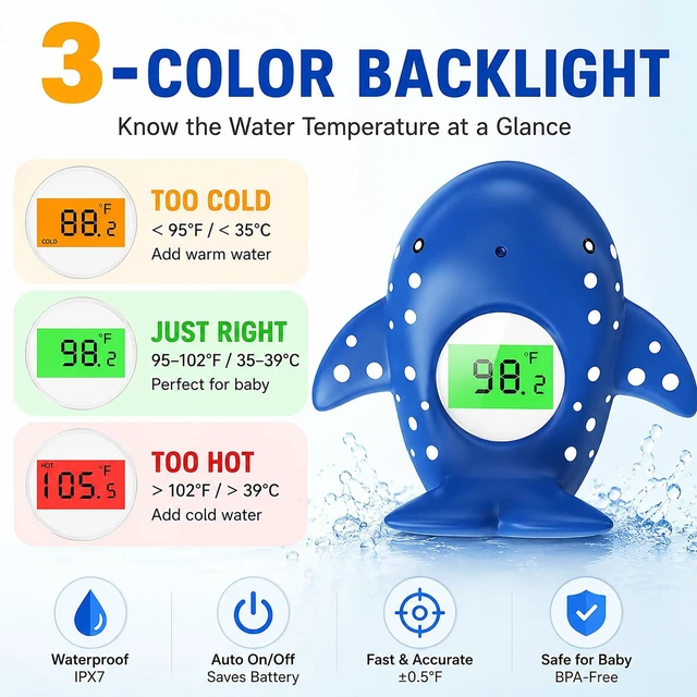 Alt view image 2 of 7 - Baby Bath Thermometer for Infant & Toddler, Floating Digital Water Thermometer with 3Color LED Backlight, Baby Bath Toy, Hot & Cold Alert, BPAFree,Blue Whale