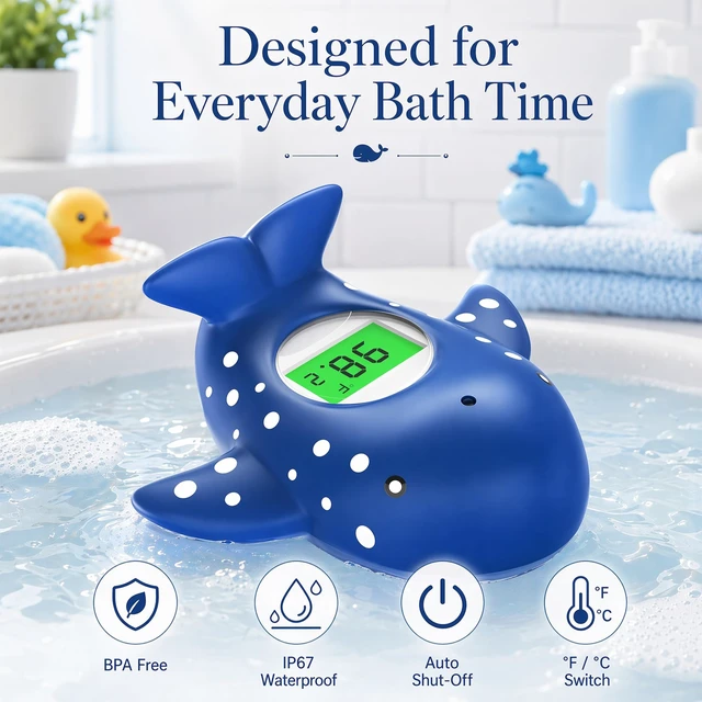 Alt view image 7 of 7 - Baby Bath Thermometer for Infant & Toddler, Floating Digital Water Thermometer with 3Color LED Backlight, Baby Bath Toy, Hot & Cold Alert, BPAFree,Blue Whale