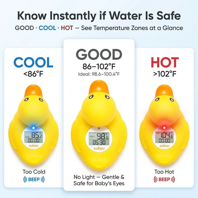 Alt view image 2 of 7 - Baby Bath Thermometer, Accurate Floating Duck Water Thermometer | Good/Cool/Hot Display, LED & Sound Alarm, Adjustable High-Temp Alert, ±1°F Accuracy, BPA-Free IPX7 Duck for Newborn Baths