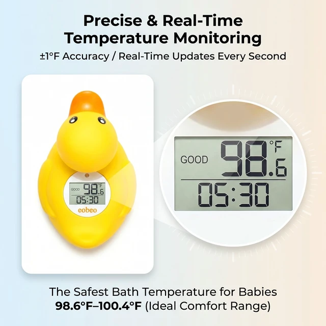 Alt view image 3 of 7 - Baby Bath Thermometer, Accurate Floating Duck Water Thermometer | Good/Cool/Hot Display, LED & Sound Alarm, Adjustable High-Temp Alert, ±1°F Accuracy, BPA-Free IPX7 Duck for Newborn Baths
