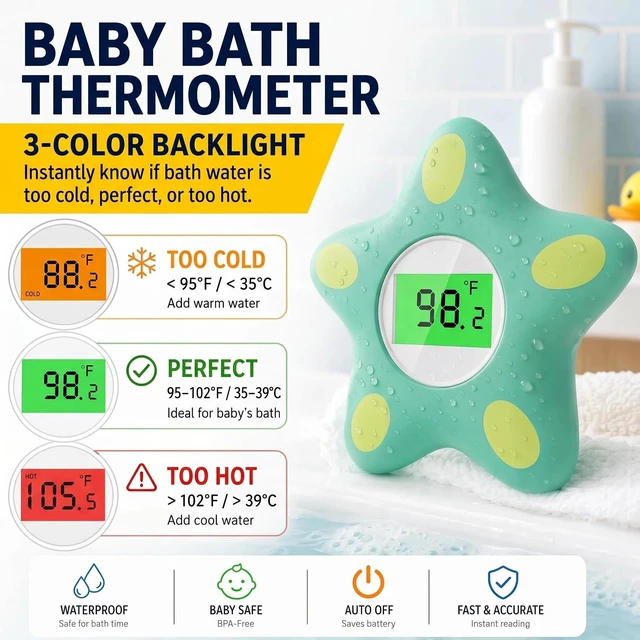 Alt view image 2 of 7 - Baby Bath Thermometer for Infant & Toddler, Floating Digital Water Thermometer with 3Color LED Backlight, Baby Bath Toy, Hot & Cold Alert, BPAFree, Green Starfish