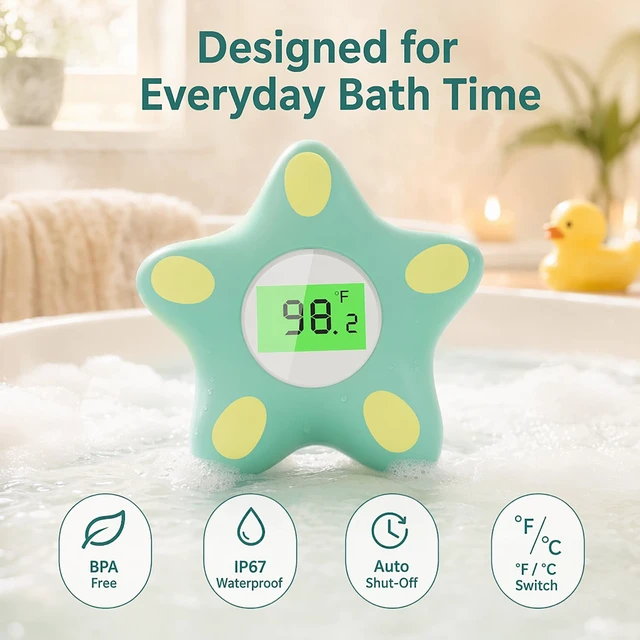 Alt view image 5 of 7 - Baby Bath Thermometer for Infant & Toddler, Floating Digital Water Thermometer with 3Color LED Backlight, Baby Bath Toy, Hot & Cold Alert, BPAFree, Green Starfish