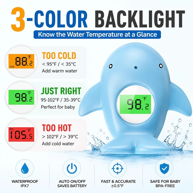 Alt view image 2 of 7 - Baby Bath Thermometer for Infant & Toddler, Floating Digital Water Thermometer with 3Color LED Backlight, Baby Bath Toy, Hot & Cold Alert, BPAFree,Light Blue Whale