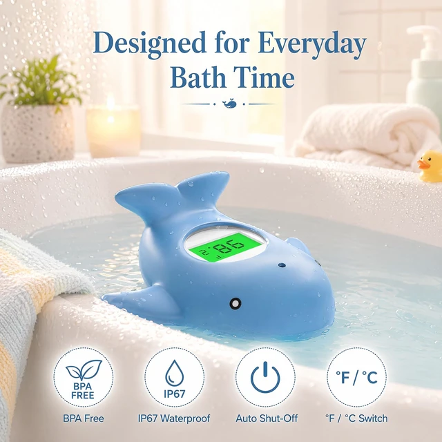 Alt view image 7 of 7 - Baby Bath Thermometer for Infant & Toddler, Floating Digital Water Thermometer with 3Color LED Backlight, Baby Bath Toy, Hot & Cold Alert, BPAFree,Light Blue Whale