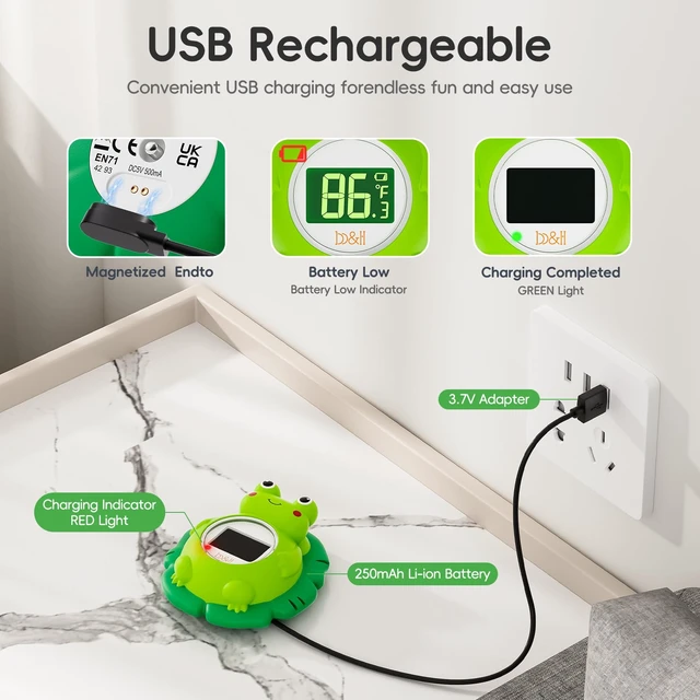 Alt view image 4 of 7 - Rechargeable Baby Bath Thermometer, Frog Water Temperature Thermometer | Safety Toddler Bathtub Water Temperature, Room Temp, Hot Cold Color Alert, Accurately, Newborn Shower Essentials