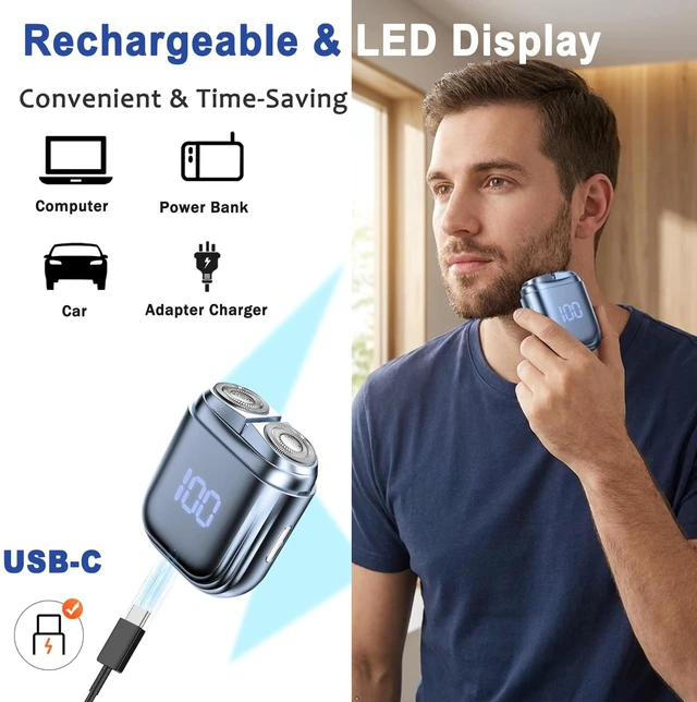 Alt view image 3 of 7 - Mini Electric Shaver for Men Cordless Wet Dry Beard Razor with LED Display | IPX7 Waterproof Rechargeable Close Travel Trimmer Magnetic Dual Head Pocket Size for Car Home Office On-the-go Fast Charge