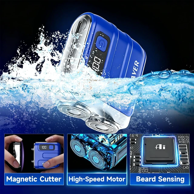 Alt view image 3 of 7 - Mini Electric Shaver for Men, Portable Travel Double Ring Beard Razor | Pocket Portable Design, Fast Charging Travel Mini Electric Razor with LED Display, IPX7 Waterproof Dual Head Magnetic Cutter