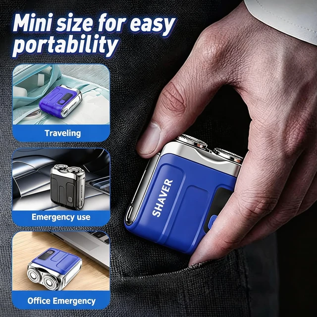 Alt view image 4 of 7 - Mini Electric Shaver for Men, Portable Travel Double Ring Beard Razor | Pocket Portable Design, Fast Charging Travel Mini Electric Razor with LED Display, IPX7 Waterproof Dual Head Magnetic Cutter