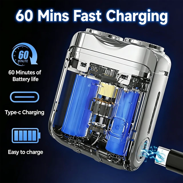 Alt view image 7 of 7 - Mini Electric Shaver for Men, Portable Travel Double Ring Beard Razor | Pocket Portable Design, Fast Charging Travel Mini Electric Razor with LED Display, IPX7 Waterproof Dual Head Magnetic Cutter