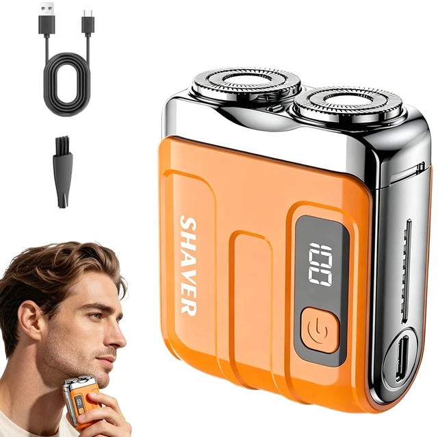 Main image of Portable Mini Men's Electric Shaver-Orange | USB-C Rechargeable Electric-Shaver for Home,Car,Travel, Long Battery Life, Wet/Dry Shaving, LCD Power Indicator, Magnetic Cap