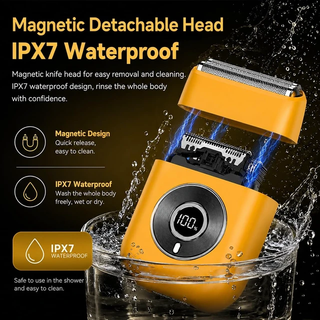 Alt view image 3 of 7 - Electric Mini Foil Shaver for Men Grooming Razor Beard Trimmer (Yellow) | Travel Compact Powerful Motor IPX7 Waterproof 3 Floating Magnetic Blades Face Groom Cordless Home Office Gift for Father