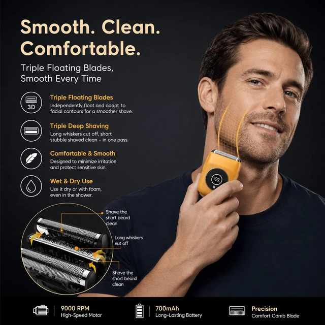 Alt view image 2 of 7 - Electric Mini Foil Shaver for Men Grooming Razor Beard Trimmer (Yellow) | Travel Compact Powerful Motor IPX7 Waterproof 3 Floating Magnetic Blades Face Groom Cordless Home Office Gift for Father