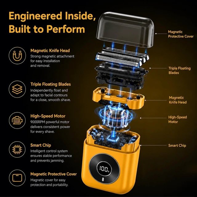 Alt view image 4 of 7 - Electric Mini Foil Shaver for Men Grooming Razor Beard Trimmer (Yellow) | Travel Compact Powerful Motor IPX7 Waterproof 3 Floating Magnetic Blades Face Groom Cordless Home Office Gift for Father
