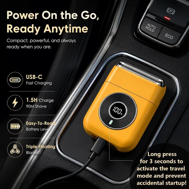 Alt view image 5 of 7 - Electric Mini Foil Shaver for Men Grooming Razor Beard Trimmer (Yellow) | Travel Compact Powerful Motor IPX7 Waterproof 3 Floating Magnetic Blades Face Groom Cordless Home Office Gift for Father
