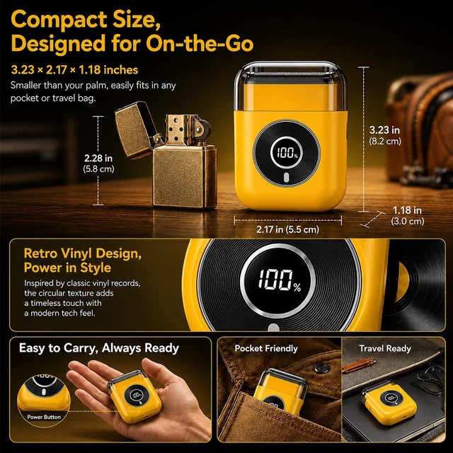 Alt view image 6 of 7 - Electric Mini Foil Shaver for Men Grooming Razor Beard Trimmer (Yellow) | Travel Compact Powerful Motor IPX7 Waterproof 3 Floating Magnetic Blades Face Groom Cordless Home Office Gift for Father
