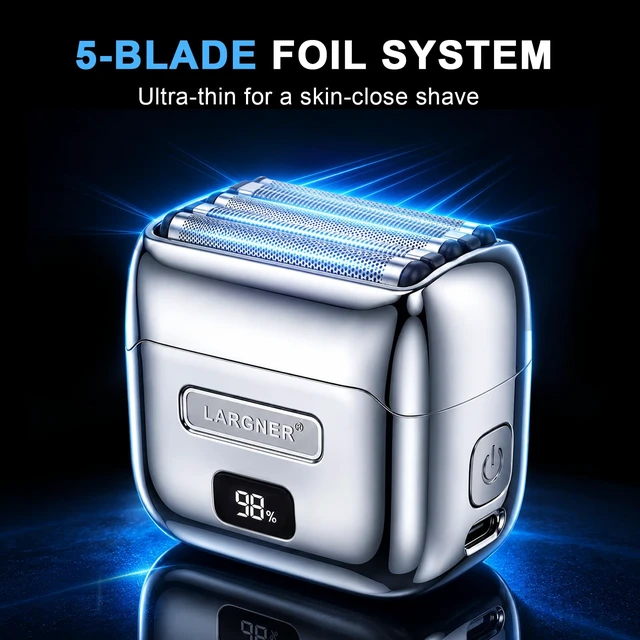 Alt view image 3 of 7 - Electric Foil Shaver for Men, Full Metal Electric Razor with 14000 RPM 5 Floating Blades, Waterproof Mini Razor, Rechargeable Shavers Quiet Beard Trimmer LED Display Travel Lock
