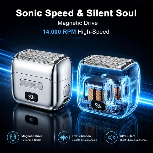 Alt view image 5 of 7 - Electric Foil Shaver for Men, Full Metal Electric Razor with 14000 RPM 5 Floating Blades, Waterproof Mini Razor, Rechargeable Shavers Quiet Beard Trimmer LED Display Travel Lock