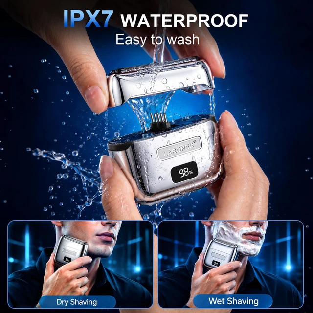 Alt view image 4 of 7 - Electric Foil Shaver for Men, Full Metal Electric Razor with 14000 RPM 5 Floating Blades, Waterproof Mini Razor, Rechargeable Shavers Quiet Beard Trimmer LED Display Travel Lock